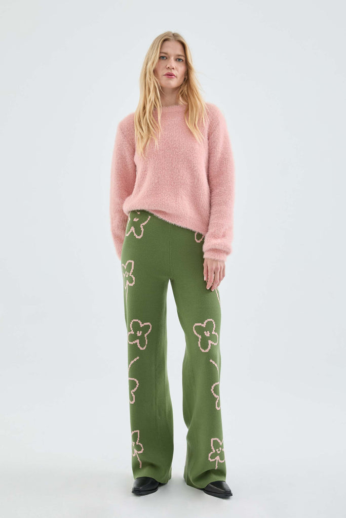 Straight Long Knit Pants with Flower Print